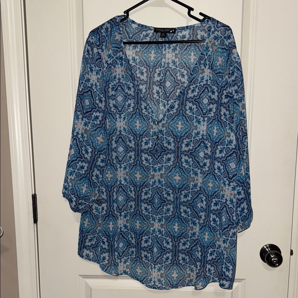 Living Doll Blue and White Patterned Blouse